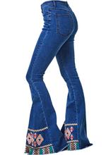 Load image into Gallery viewer, Peace, Love and Embroidered Hem Flare Jeans