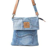 Load image into Gallery viewer, Myra Jaycee's Day Upcycled Denim Crossbody Bag - Foldover Everyday Sling with Leather Strap and Pocket Detail for Laid-Back Vibes