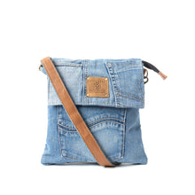 Load image into Gallery viewer, Myra Jaycee's Day Upcycled Denim Crossbody Bag - Foldover Everyday Sling with Leather Strap and Pocket Detail for Laid-Back Vibes
