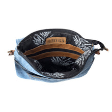 Load image into Gallery viewer, Myra Jaycee's Day Upcycled Denim Crossbody Bag - Foldover Everyday Sling with Leather Strap and Pocket Detail for Laid-Back Vibes