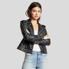 Load image into Gallery viewer, Womens Black Studded Leather Jacket – Biker Style Leather Jacket