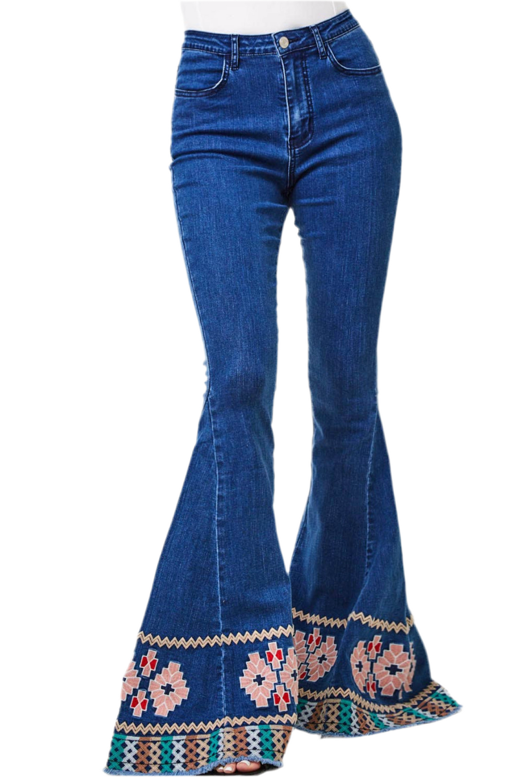Peace, Love and Embroidered Hem Flare Jeans