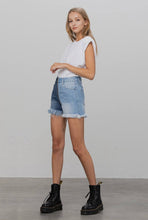 Load image into Gallery viewer, High Rise Two Tone Long Frayed Hem Shorts
