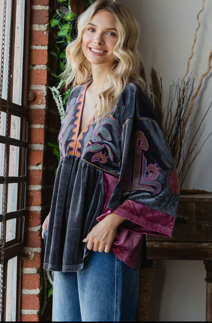 Vintage Embroidery Patch Velvet Top