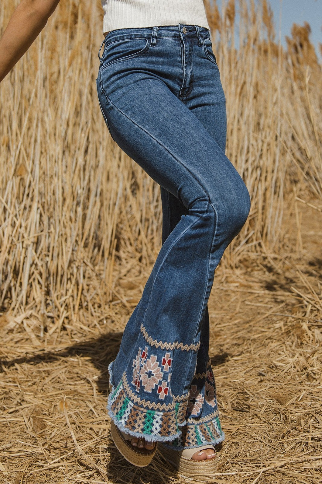 Peace, Love and Embroidered Hem Flare Jeans