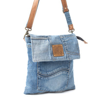 Load image into Gallery viewer, Myra Jaycee's Day Upcycled Denim Crossbody Bag - Foldover Everyday Sling with Leather Strap and Pocket Detail for Laid-Back Vibes
