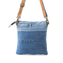 Load image into Gallery viewer, Myra Jaycee's Day Upcycled Denim Crossbody Bag - Foldover Everyday Sling with Leather Strap and Pocket Detail for Laid-Back Vibes
