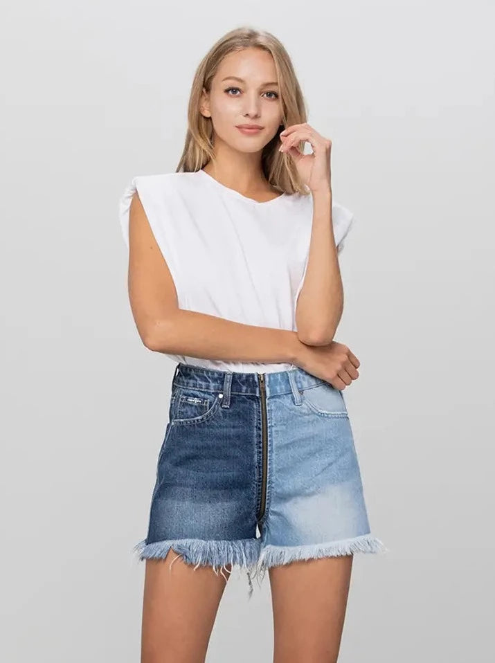 High Rise Two Tone Long Frayed Hem Shorts