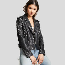 Load image into Gallery viewer, Womens Black Studded Leather Jacket – Biker Style Leather Jacket
