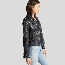 Load image into Gallery viewer, Womens Black Studded Leather Jacket – Biker Style Leather Jacket
