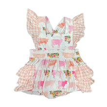 Load image into Gallery viewer, Watercolor cows ruffle romper
