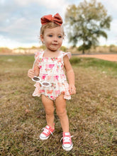 Load image into Gallery viewer, Watercolor cows ruffle romper
