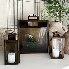 Load image into Gallery viewer, Rustic Bronze Tempered Glass Lanterns, Set of Three
