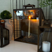 Load image into Gallery viewer, Rustic Bronze Tempered Glass Lanterns, Set of Three
